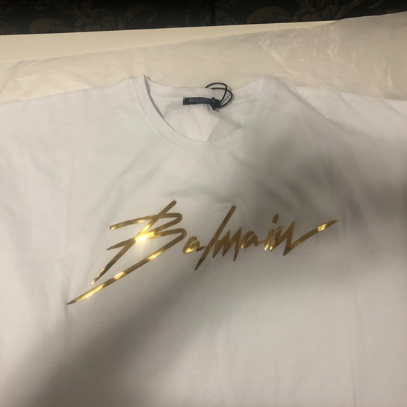 Balmain- White T-shirt with signature logo in gold - Picture 3 of 8